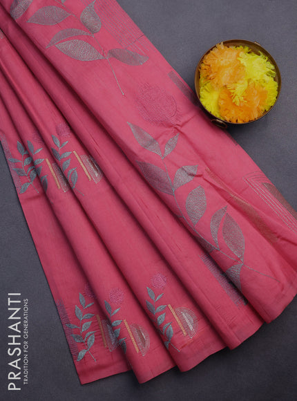 Semi raw silk saree peach pink with embroidery work buttas in borderless style