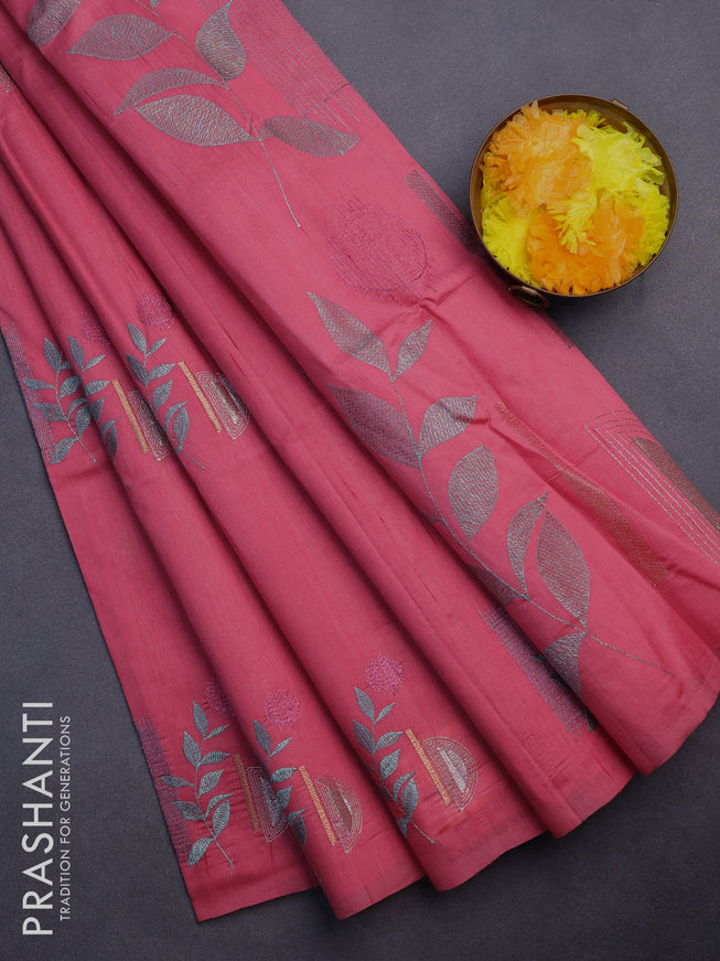 Semi raw silk saree peach pink with embroidery work buttas in borderless style