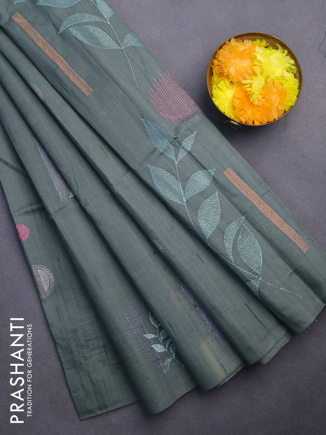 Semi raw silk saree greyish green with embroidery work buttas in borderless style