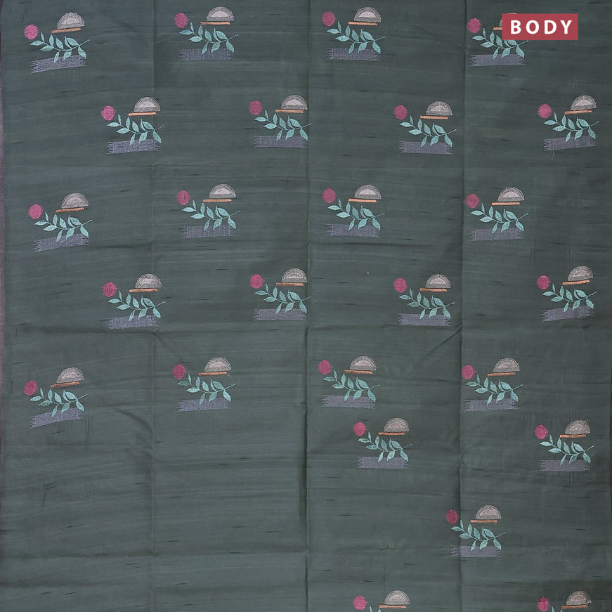 Semi raw silk saree greyish green with embroidery work buttas in borderless style