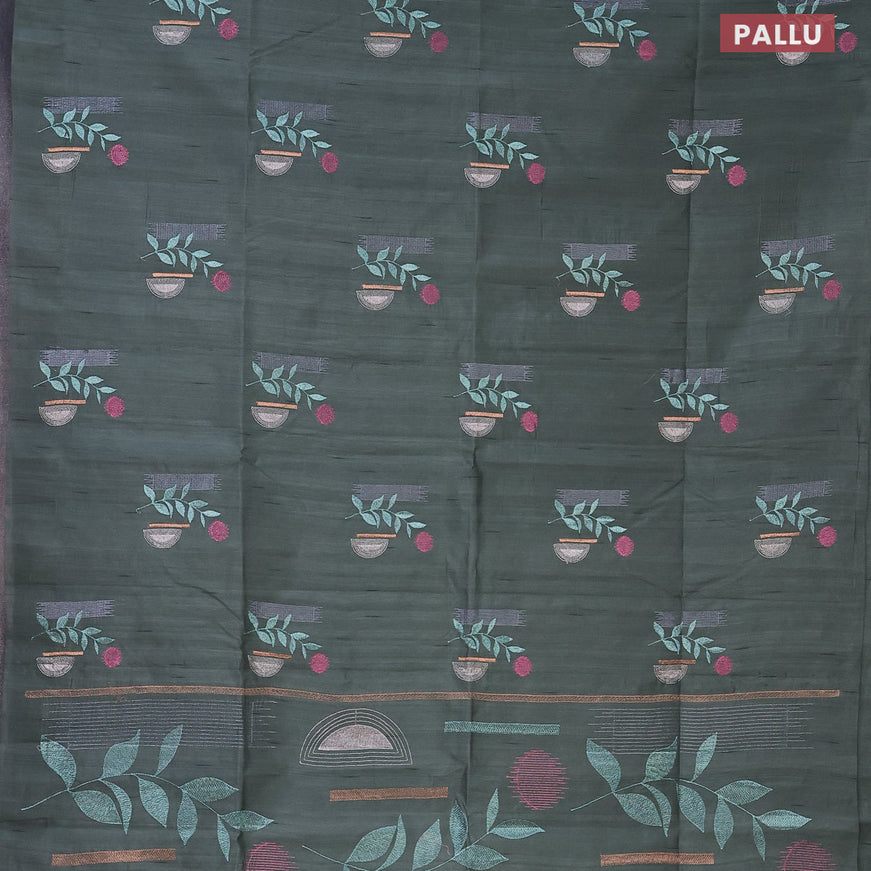 Semi raw silk saree greyish green with embroidery work buttas in borderless style