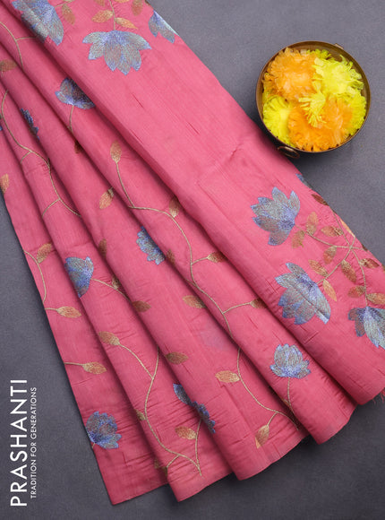 Semi raw silk saree peach pink with allover floral embroidery work in borderless style