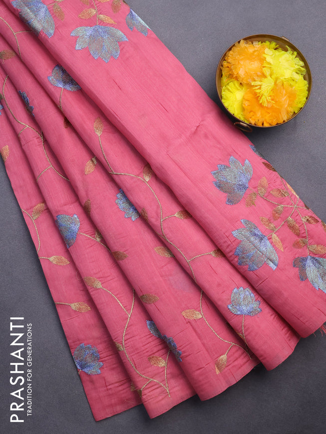 Semi raw silk saree peach pink with allover floral embroidery work in borderless style