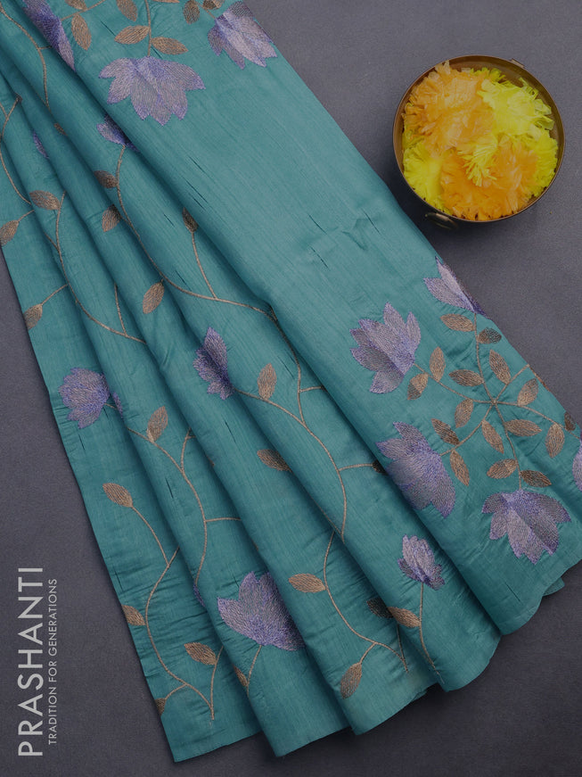 Semi raw silk saree teal blue with allover floral embroidery work in borderless style