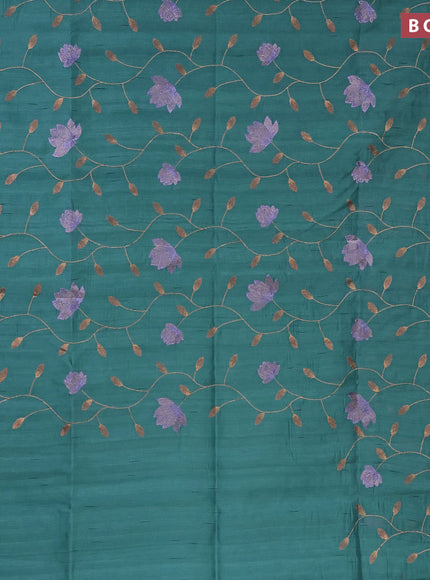 Semi raw silk saree teal blue with allover floral embroidery work in borderless style