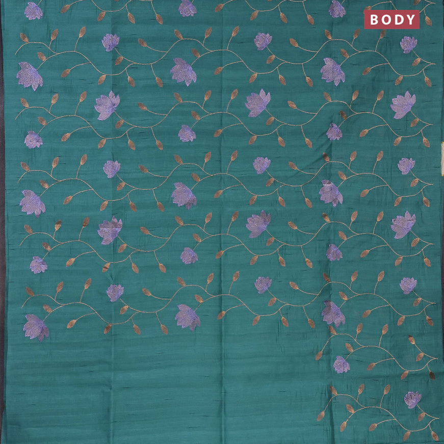 Semi raw silk saree teal blue with allover floral embroidery work in borderless style