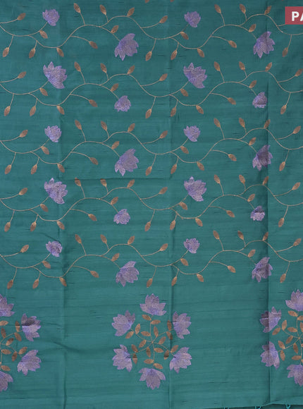 Semi raw silk saree teal blue with allover floral embroidery work in borderless style