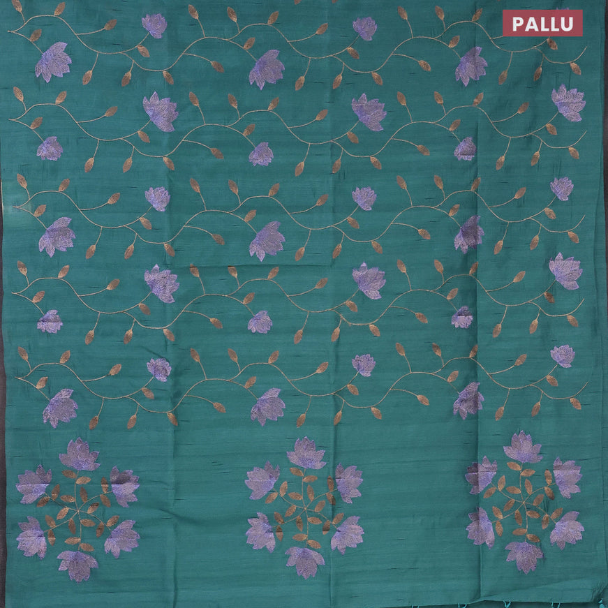 Semi raw silk saree teal blue with allover floral embroidery work in borderless style