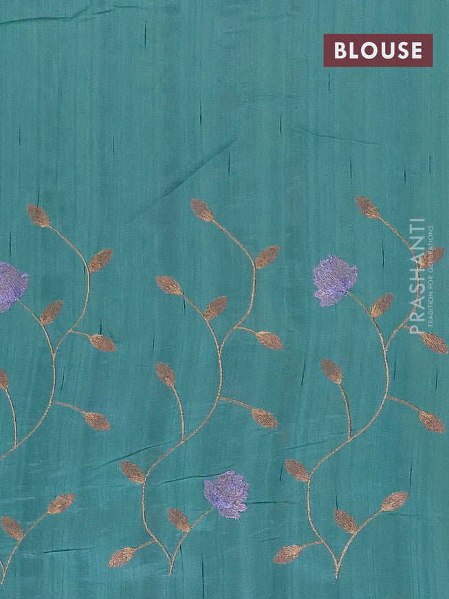 Semi raw silk saree teal blue with allover floral embroidery work in borderless style