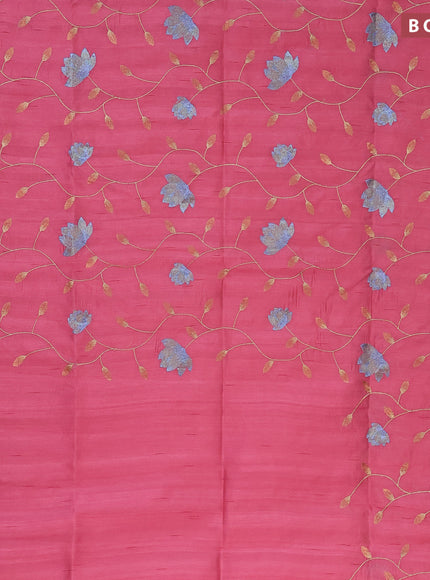 Semi raw silk saree peach pink with allover floral embroidery work in borderless style