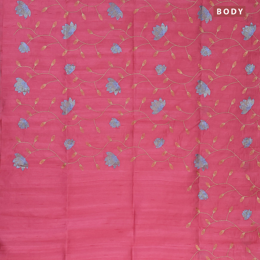 Semi raw silk saree peach pink with allover floral embroidery work in borderless style