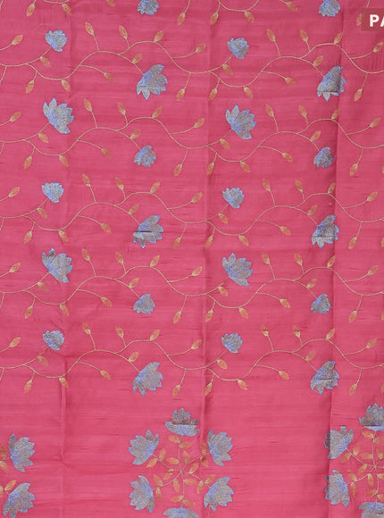 Semi raw silk saree peach pink with allover floral embroidery work in borderless style