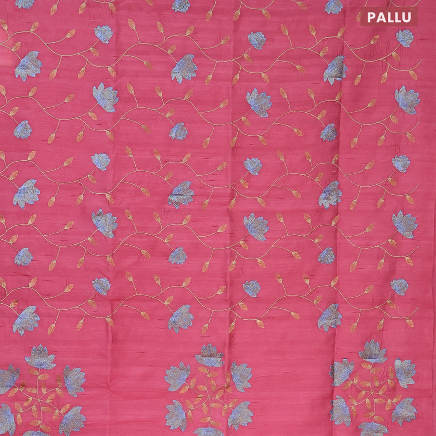 Semi raw silk saree peach pink with allover floral embroidery work in borderless style