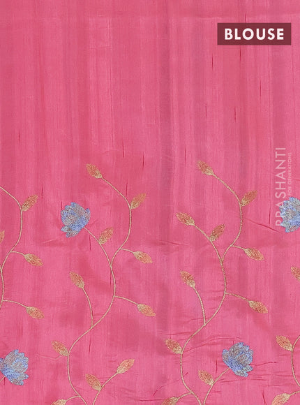 Semi raw silk saree peach pink with allover floral embroidery work in borderless style