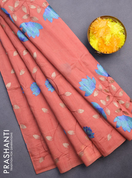 Semi raw silk saree rust shade with allover floral embroidery work in borderless style