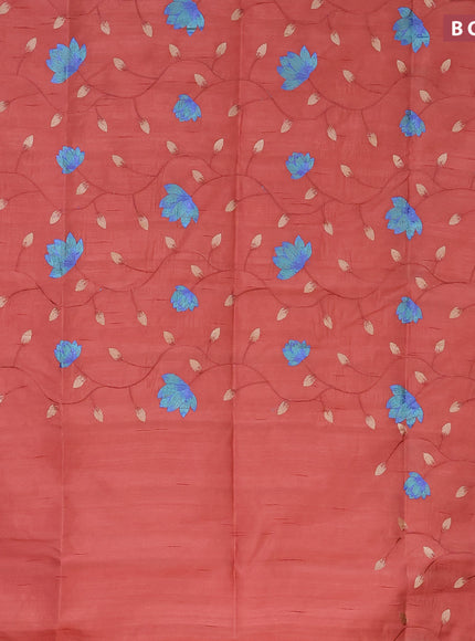 Semi raw silk saree rust shade with allover floral embroidery work in borderless style