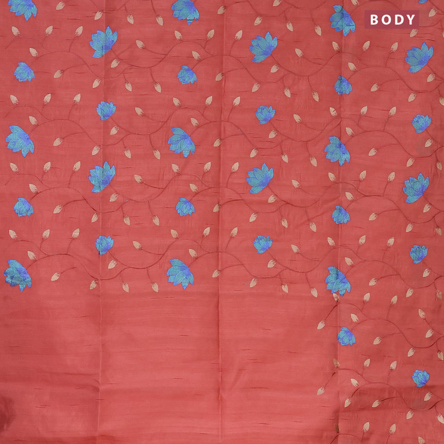 Semi raw silk saree rust shade with allover floral embroidery work in borderless style