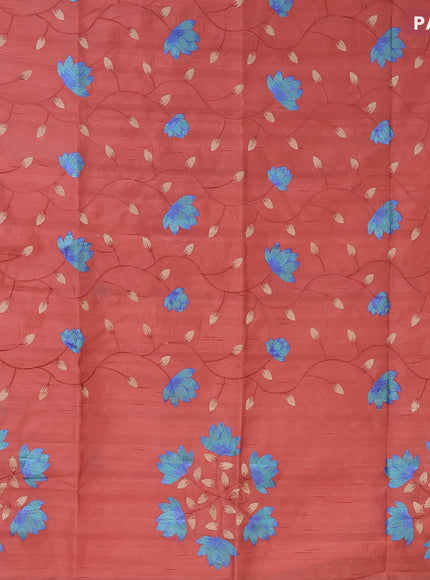 Semi raw silk saree rust shade with allover floral embroidery work in borderless style