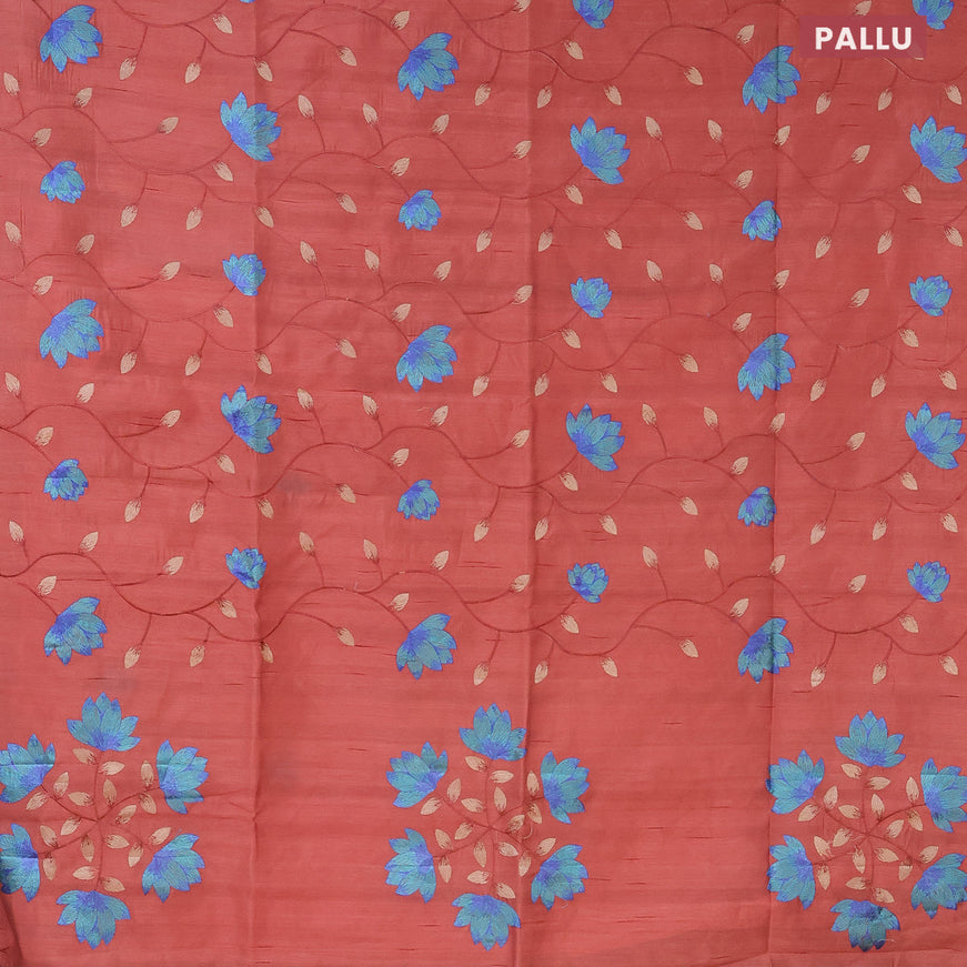 Semi raw silk saree rust shade with allover floral embroidery work in borderless style