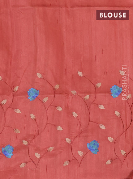 Semi raw silk saree rust shade with allover floral embroidery work in borderless style