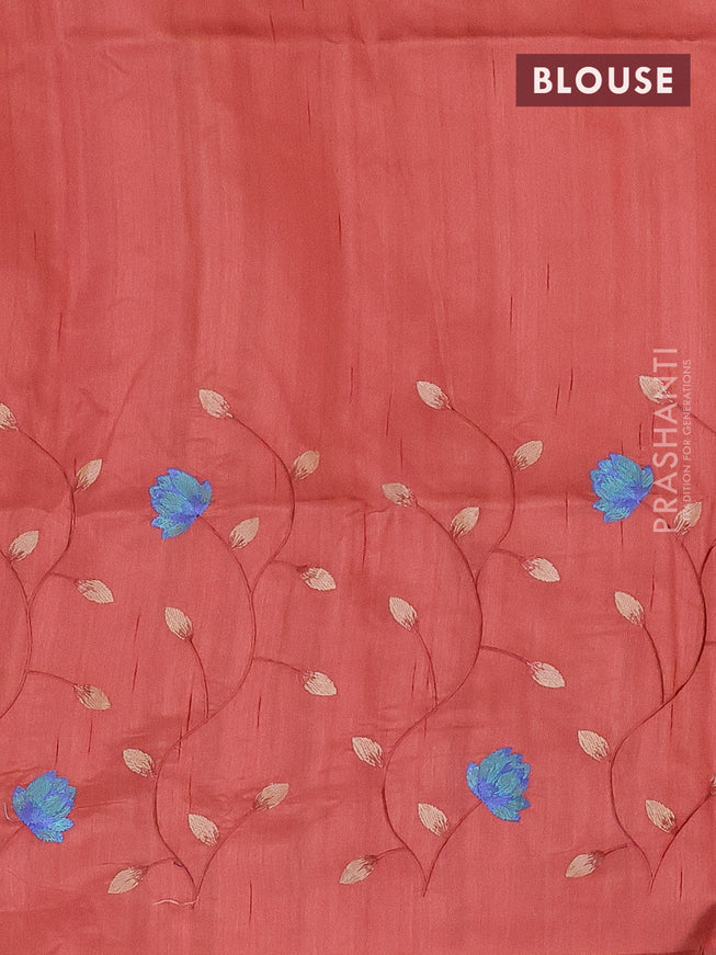 Semi raw silk saree rust shade with allover floral embroidery work in borderless style