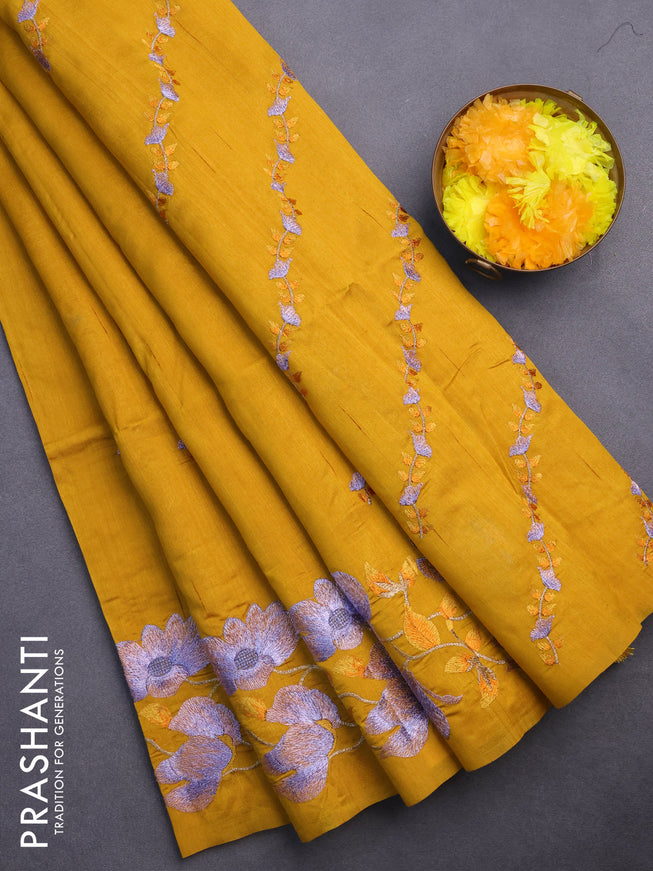 Semi raw silk saree mustard yellow with embroidery work buttas and floral embroidery work border