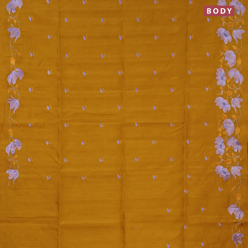 Semi raw silk saree mustard yellow with embroidery work buttas and floral embroidery work border