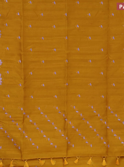 Semi raw silk saree mustard yellow with embroidery work buttas and floral embroidery work border