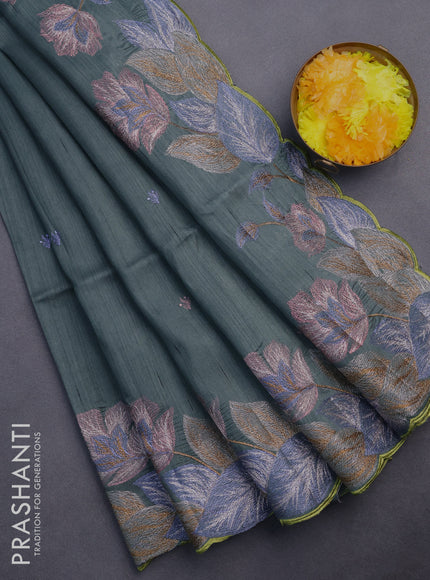 Semi raw silk saree greyish green with embroidery work buttas and floral embroidery work border