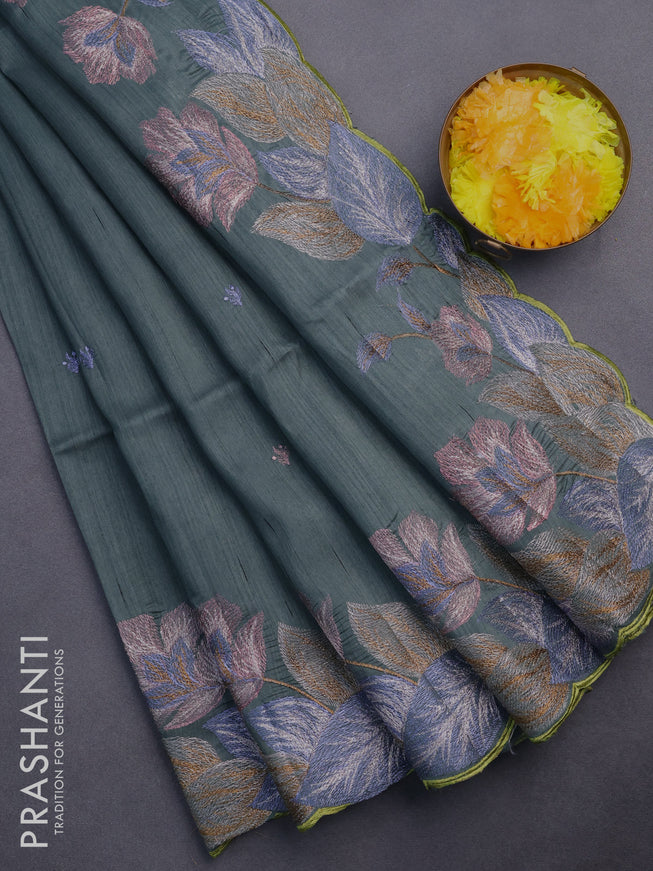 Semi raw silk saree greyish green with embroidery work buttas and floral embroidery work border