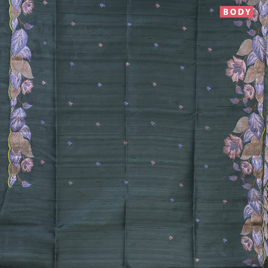 Semi raw silk saree greyish green with embroidery work buttas and floral embroidery work border