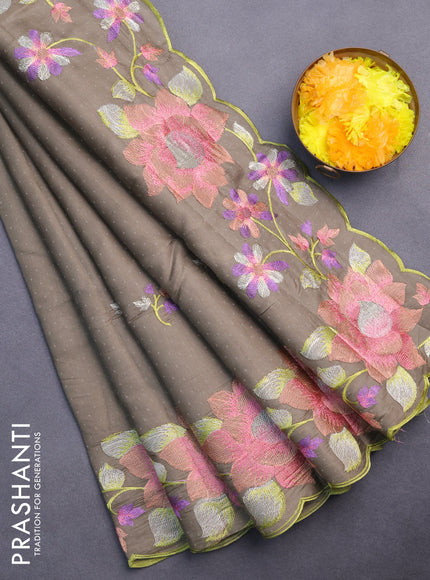 Semi raw silk saree grey shade with embroidery work buttas and floral embroidery work border