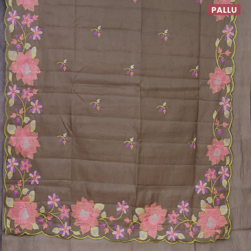 Semi raw silk saree grey shade with embroidery work buttas and floral embroidery work border