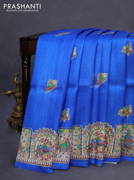 Madhubani printed silk saree blue and cream with butta prints and madhubani printed border