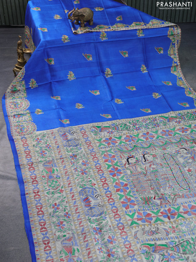 Madhubani printed silk saree blue and cream with butta prints and madhubani printed border