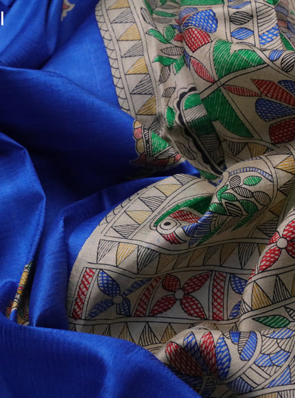 Madhubani printed silk saree blue and cream with butta prints and madhubani printed border