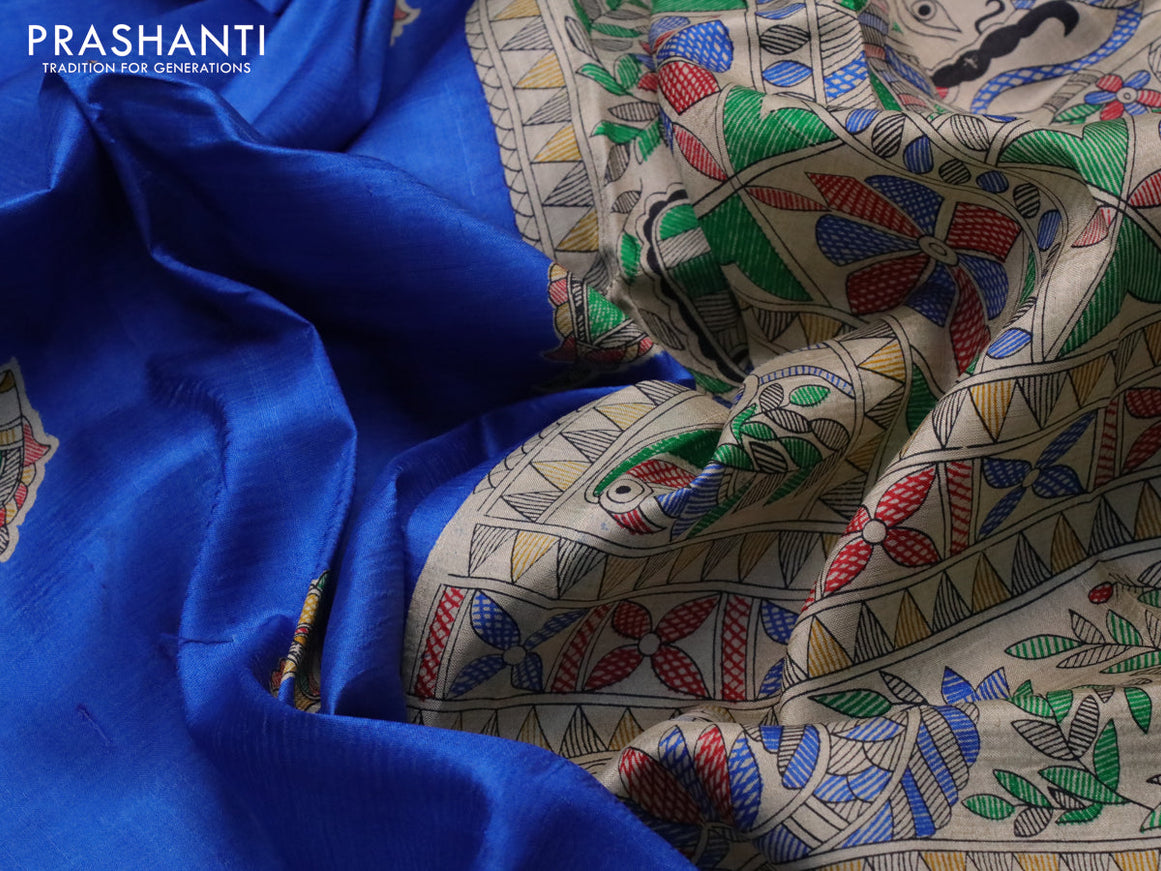 Madhubani printed silk saree blue and cream with butta prints and madhubani printed border