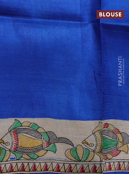 Madhubani printed silk saree blue and cream with butta prints and madhubani printed border