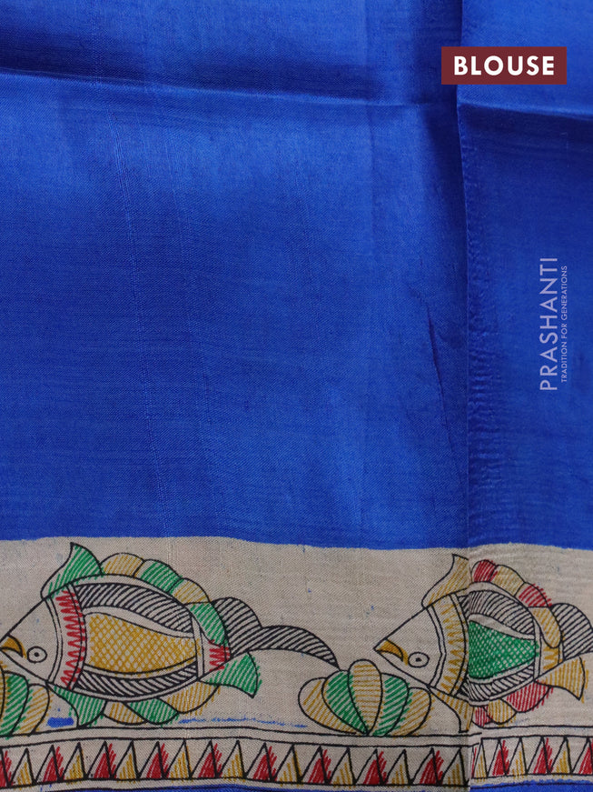 Madhubani printed silk saree blue and cream with butta prints and madhubani printed border