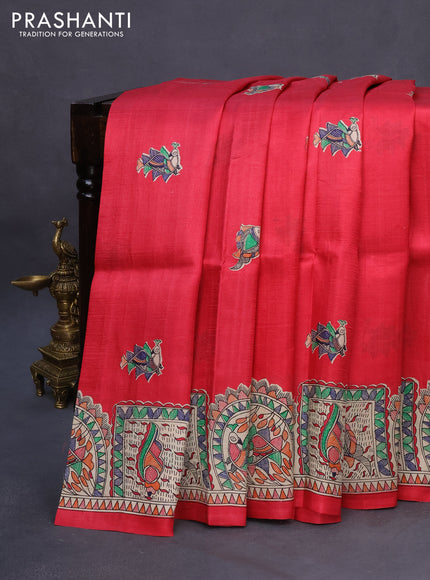 Madhubani printed silk saree red and cream with butta prints and madhubani printed border