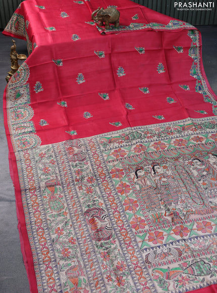 Madhubani printed silk saree red and cream with butta prints and madhubani printed border