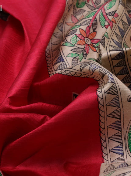 Madhubani printed silk saree red and cream with butta prints and madhubani printed border