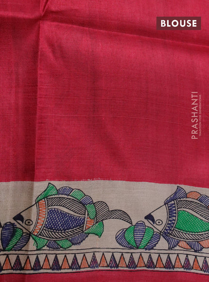 Madhubani printed silk saree red and cream with butta prints and madhubani printed border