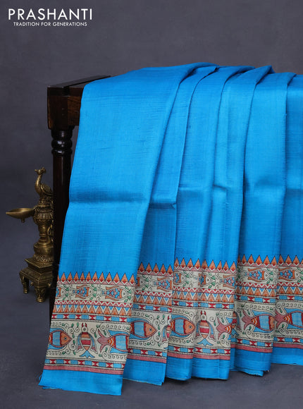 Madhubani printed silk saree cs blue and cream with plain body and madhubani printed border