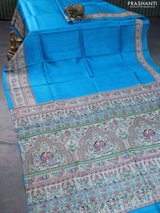 Madhubani printed silk saree cs blue and cream with plain body and madhubani printed border