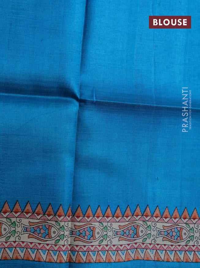 Madhubani printed silk saree cs blue and cream with plain body and madhubani printed border