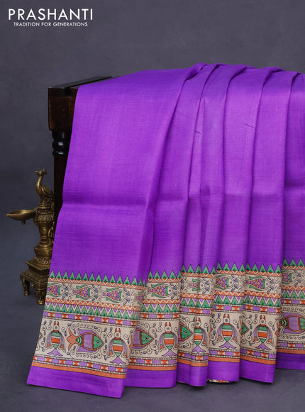 Madhubani printed silk saree violet and cream with plain body and madhubani printed border