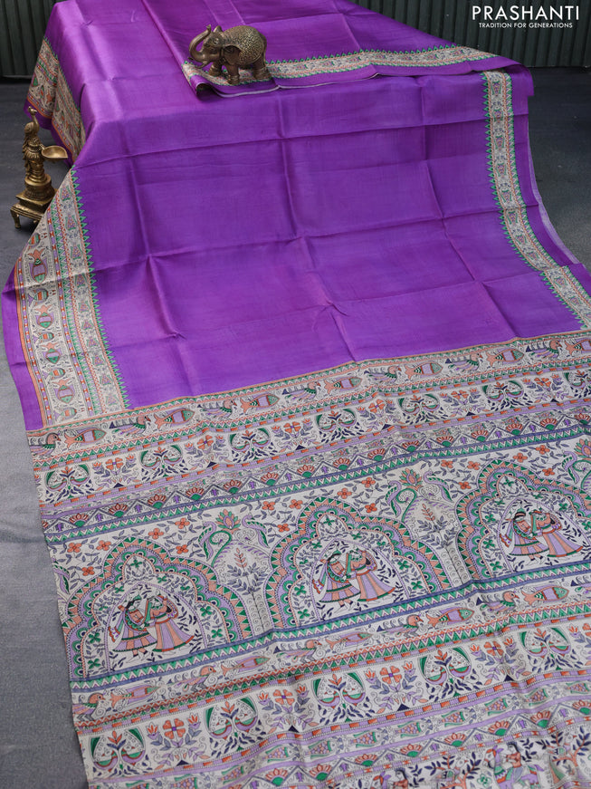 Madhubani printed silk saree violet and cream with plain body and madhubani printed border