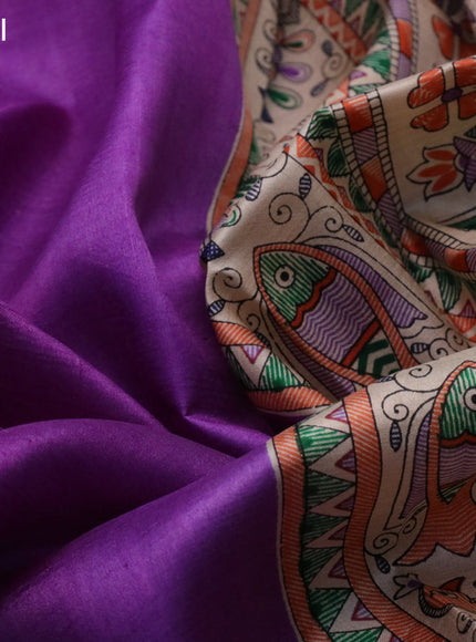 Madhubani printed silk saree violet and cream with plain body and madhubani printed border