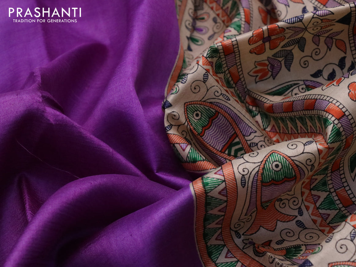 Madhubani printed silk saree violet and cream with plain body and madhubani printed border